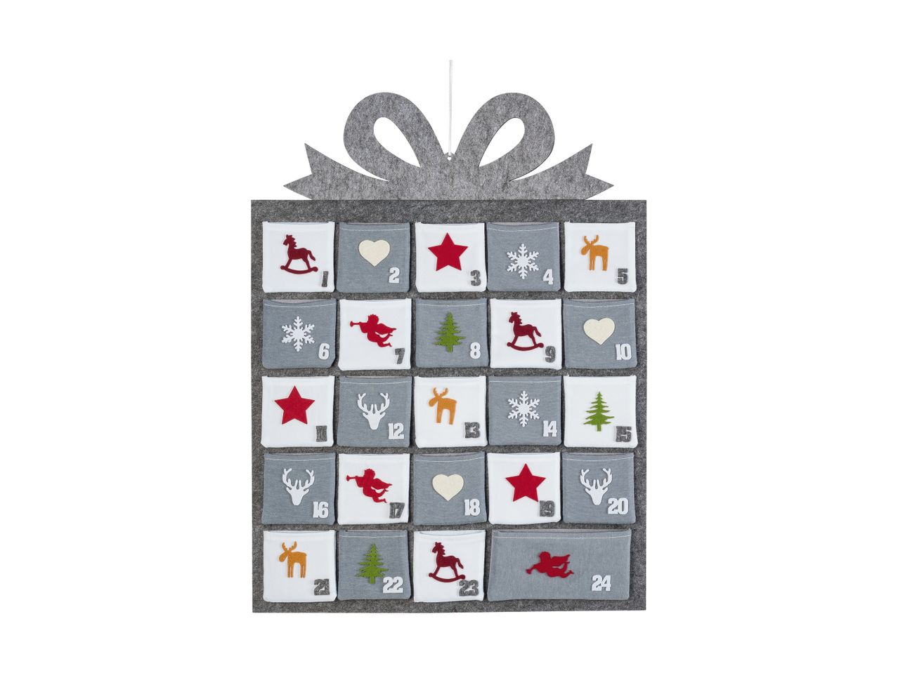 Grå filt julekalender med 24 lommer og julemotiver