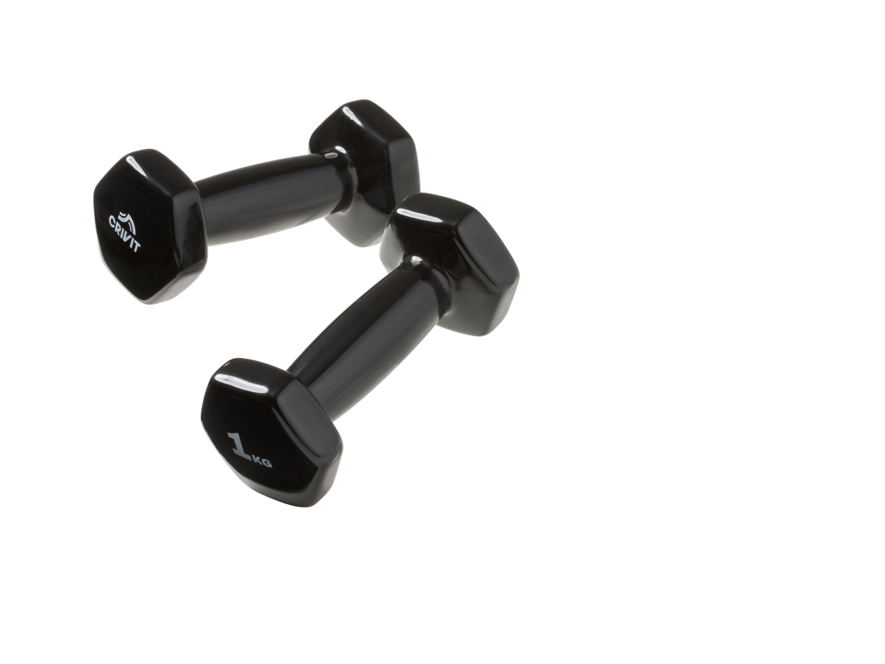 Kaks musta Crivit 1 kg hantlit.