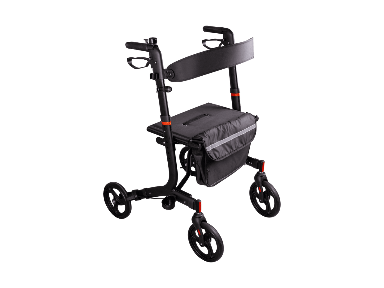 Schwarzer Rollator mit Sitz, Rückenlehne und Aufbewahrungstasche, auf weißem Hintergrund.