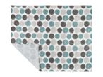 White fabric with a pattern of teal, grey, and dark grey textured circles.