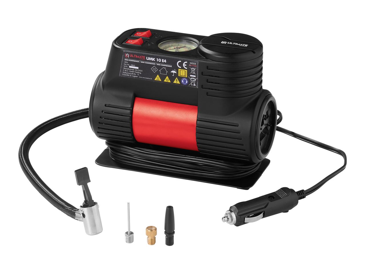 A portable Black+Decker air compressor with various attachments.