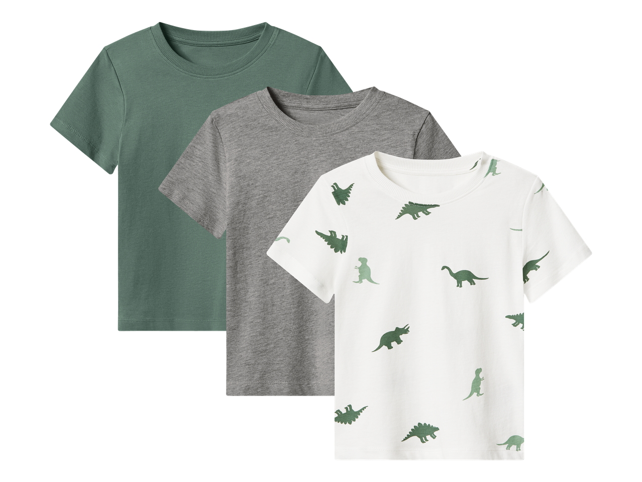 Set od tri dječje majice kratkih rukava: jedna zelena, jedna siva i jedna bijela s uzorkom dinosaura.