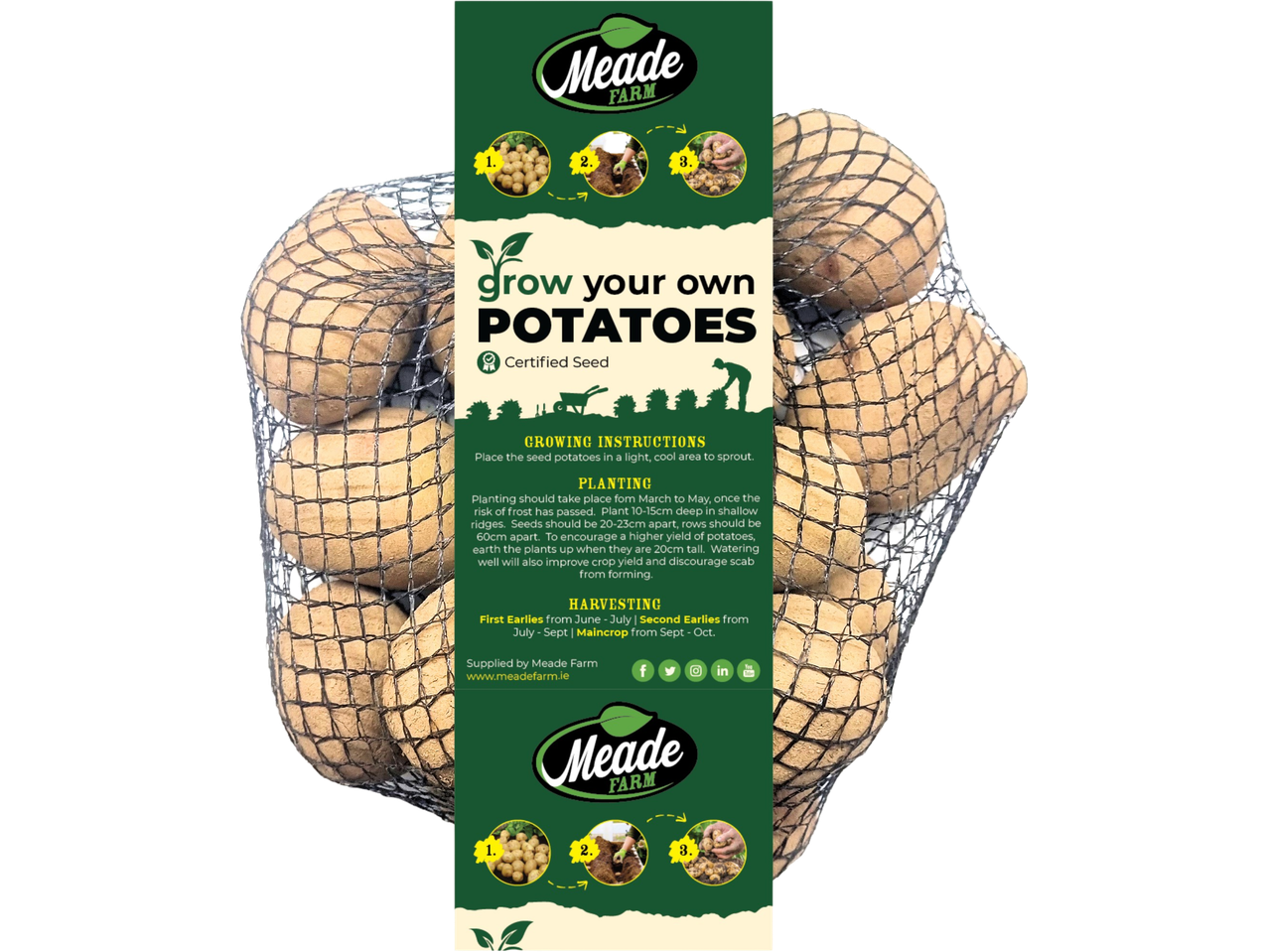 Meade Farm Seed Potatoes with planting and harvesting instructions.