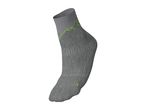 A single grey sock with a bright green mountain range design and a green 'L' on the heel.