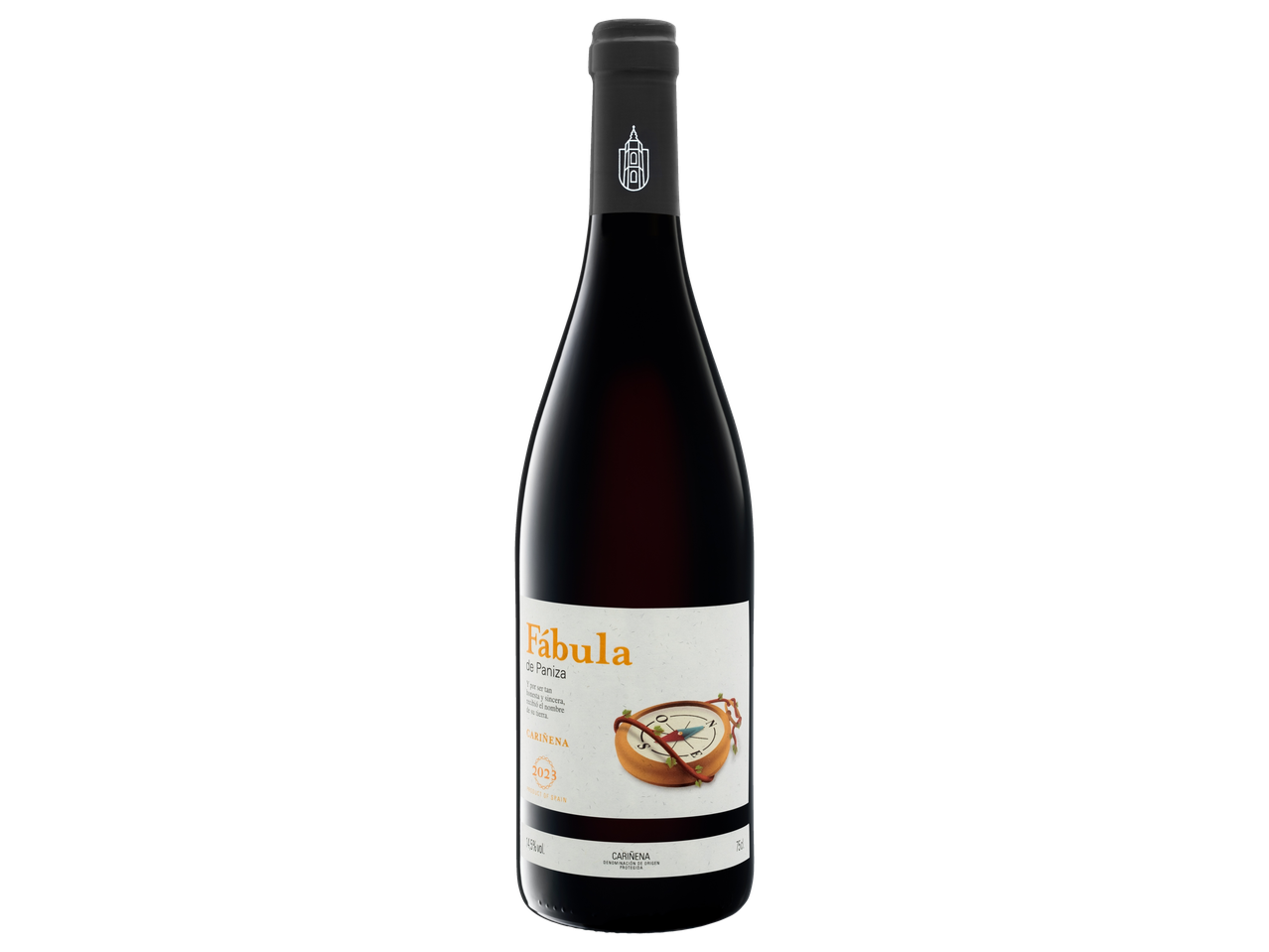 A bottle of Fábula de Paniza Cariñena Spanish red wine with a compass on the label.