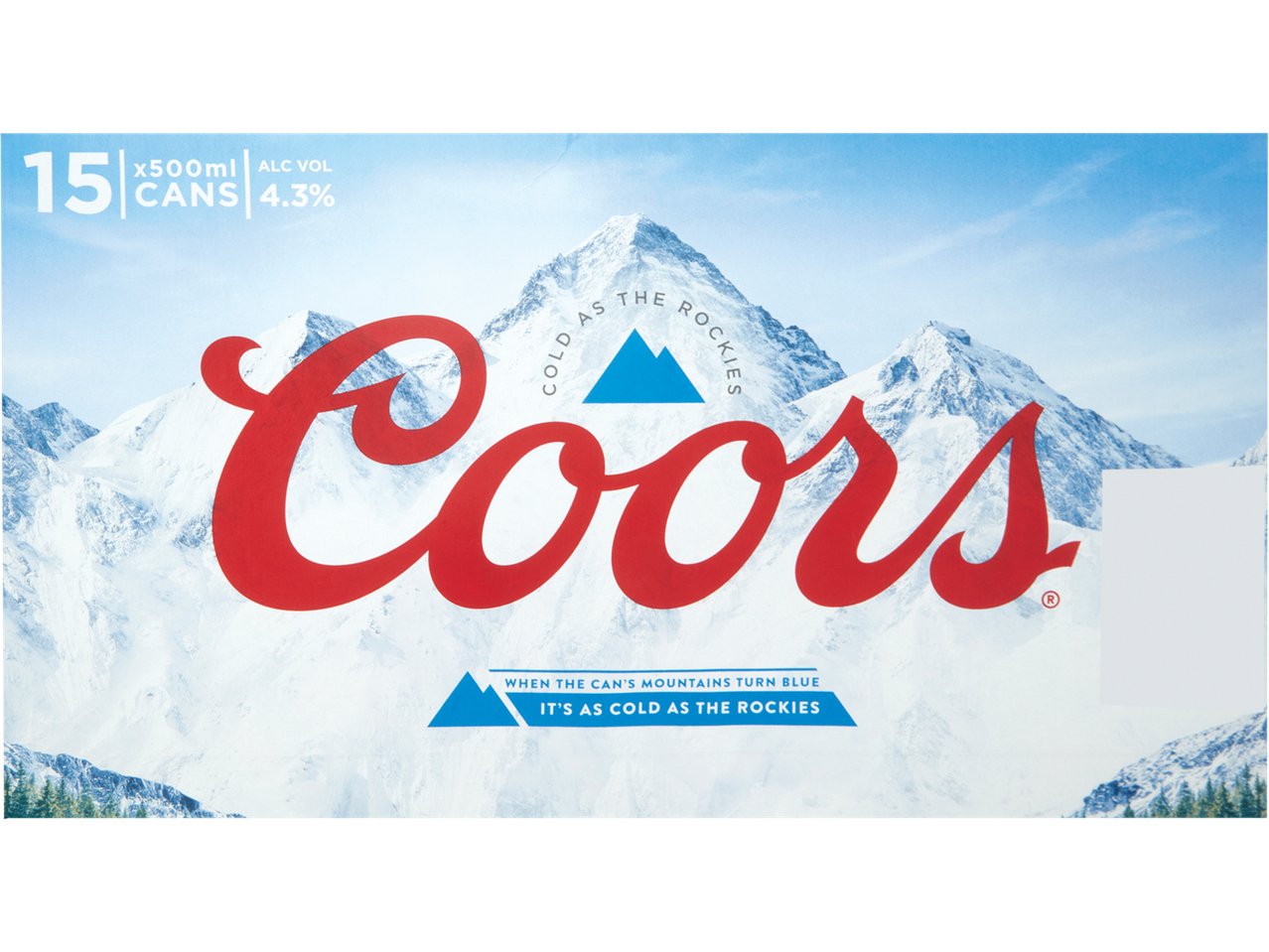 Coors Lager 15 x 500ml cans, 4.3% ALC VOL, with snowy mountains theme.