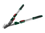 A pair of green and red bypass loppers with silver handles.