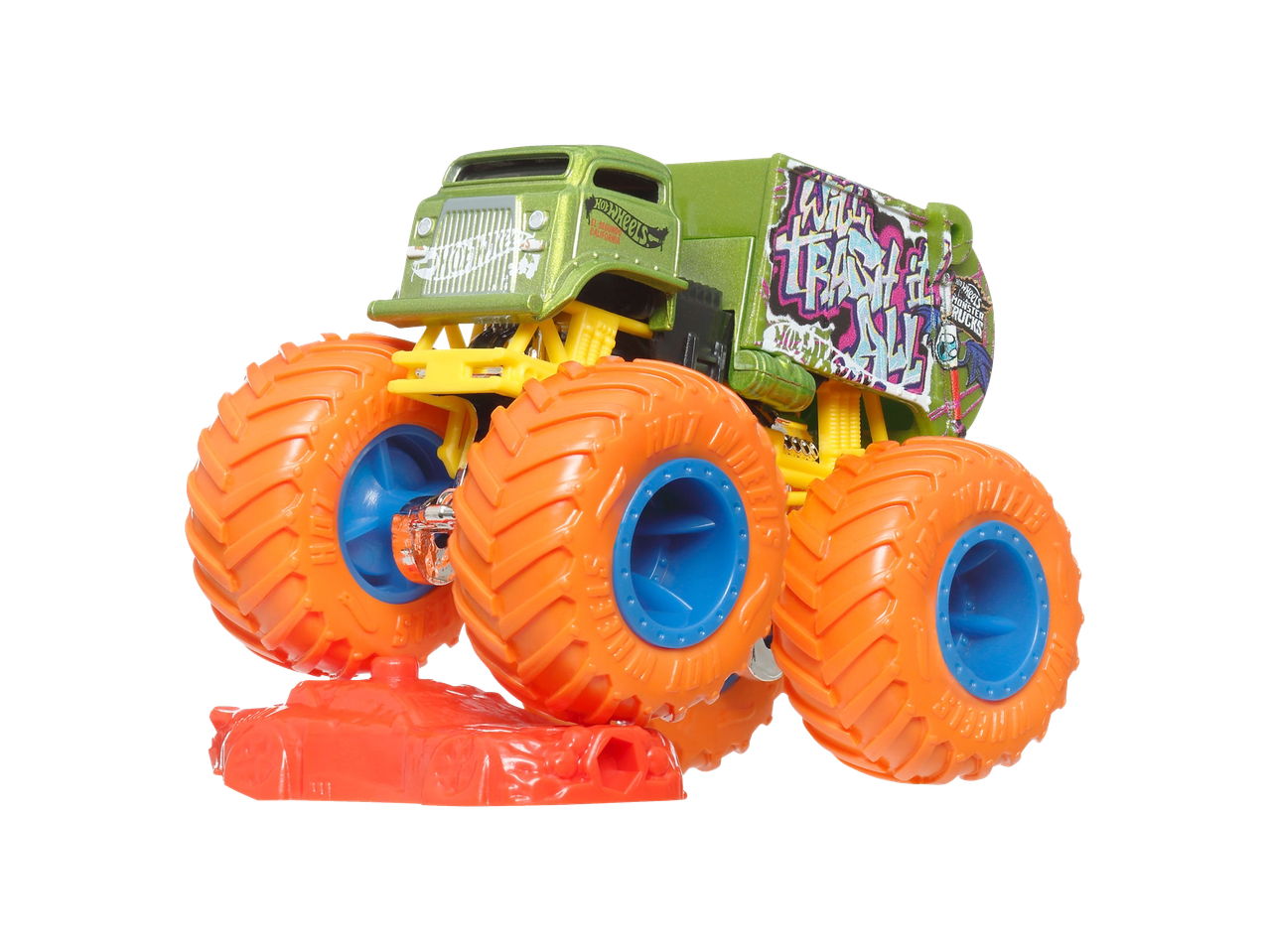 Zaļš Hot Wheels Monster Truck ar oranžiem riteņiem un grafiti dekoru