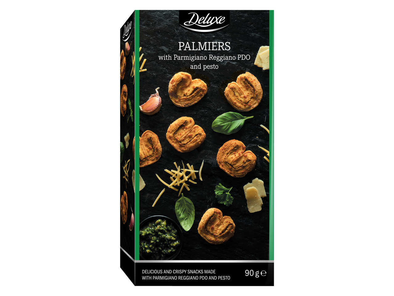 Deluxe palmiers ar Parmigiano Reggiano un pesto, 90g iepakojums.