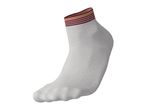 A white ankle sock with maroon and orange stripes at the top.