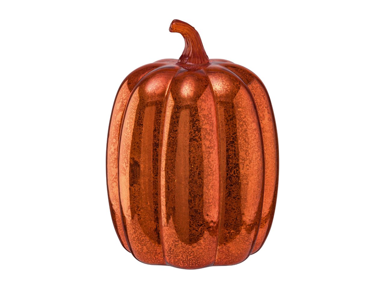 Decorative orange glass pumpkin with a textured, mercury glass finish and a curved stem.