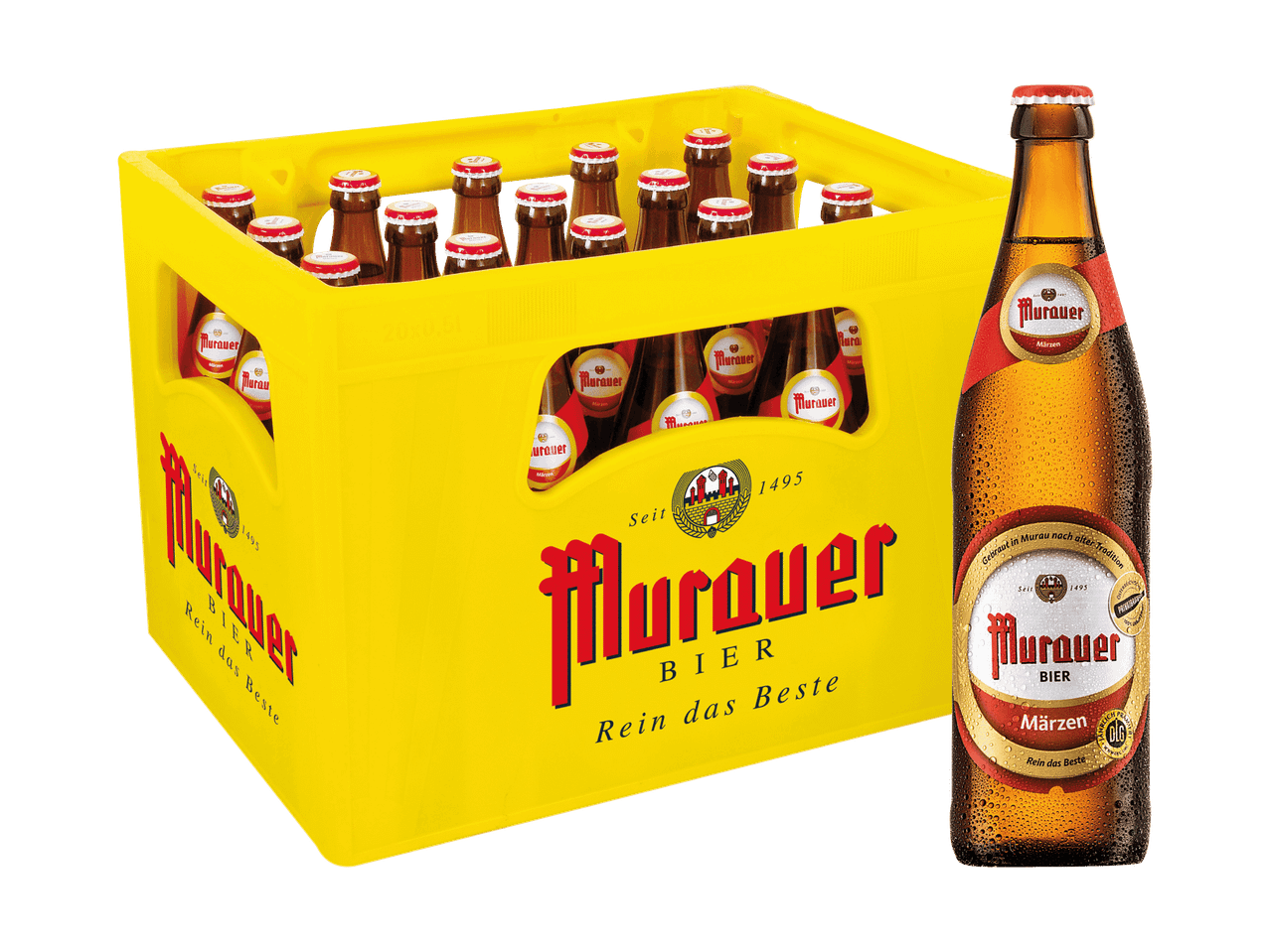 Murauer Bierkasten mit 20 Flaschen Murauer Märzen Bier und einer einzelnen Flasche daneben.