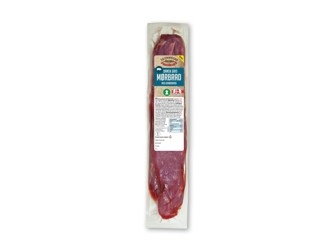 En pakke med en lang, mørkerød salami.