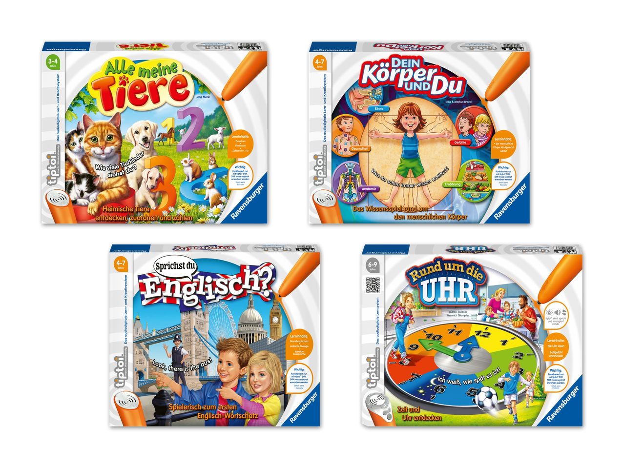 Vier Ravensburger tiptoi Lernspiele: „Alle meine Tiere“, „Dein Körper und Du“, „Sprichst du Englisch?“ und „Rund um die Uhr“.