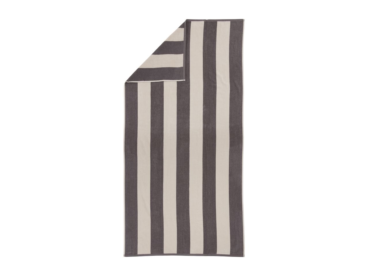 Striped beach towel in grey and white, folded at the top left corner.
