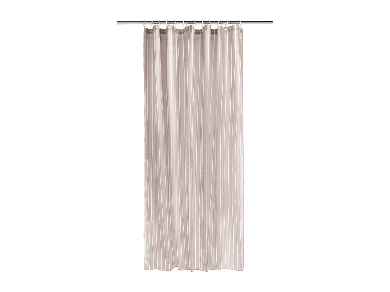 Beige shower curtain with vertical stripes hanging on a silver rod with white rings