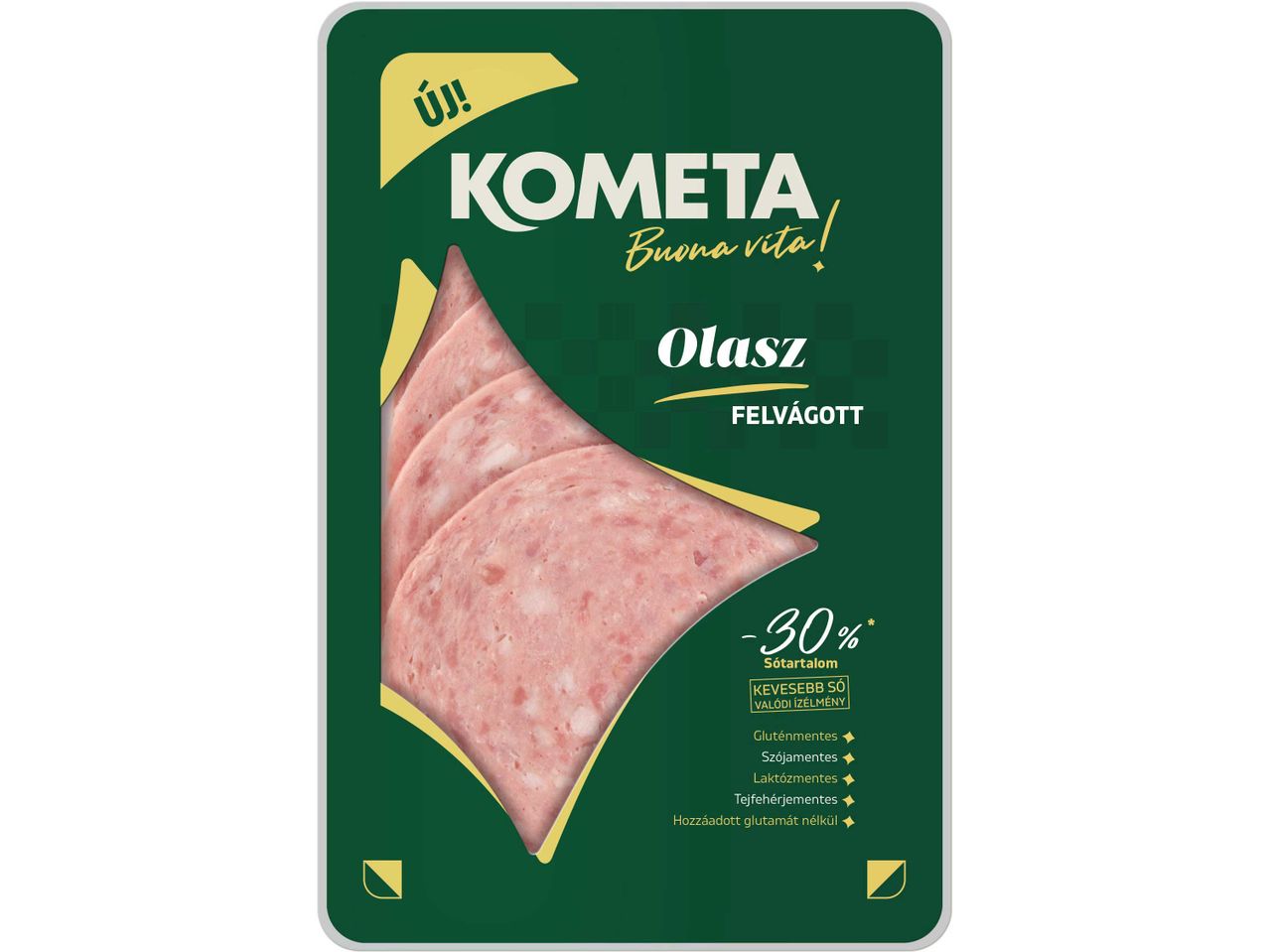 Kometa olasz felvágott csomagolása, amelyen a „-30% sótartalom” és „gluténmentes” feliratok láthatók.