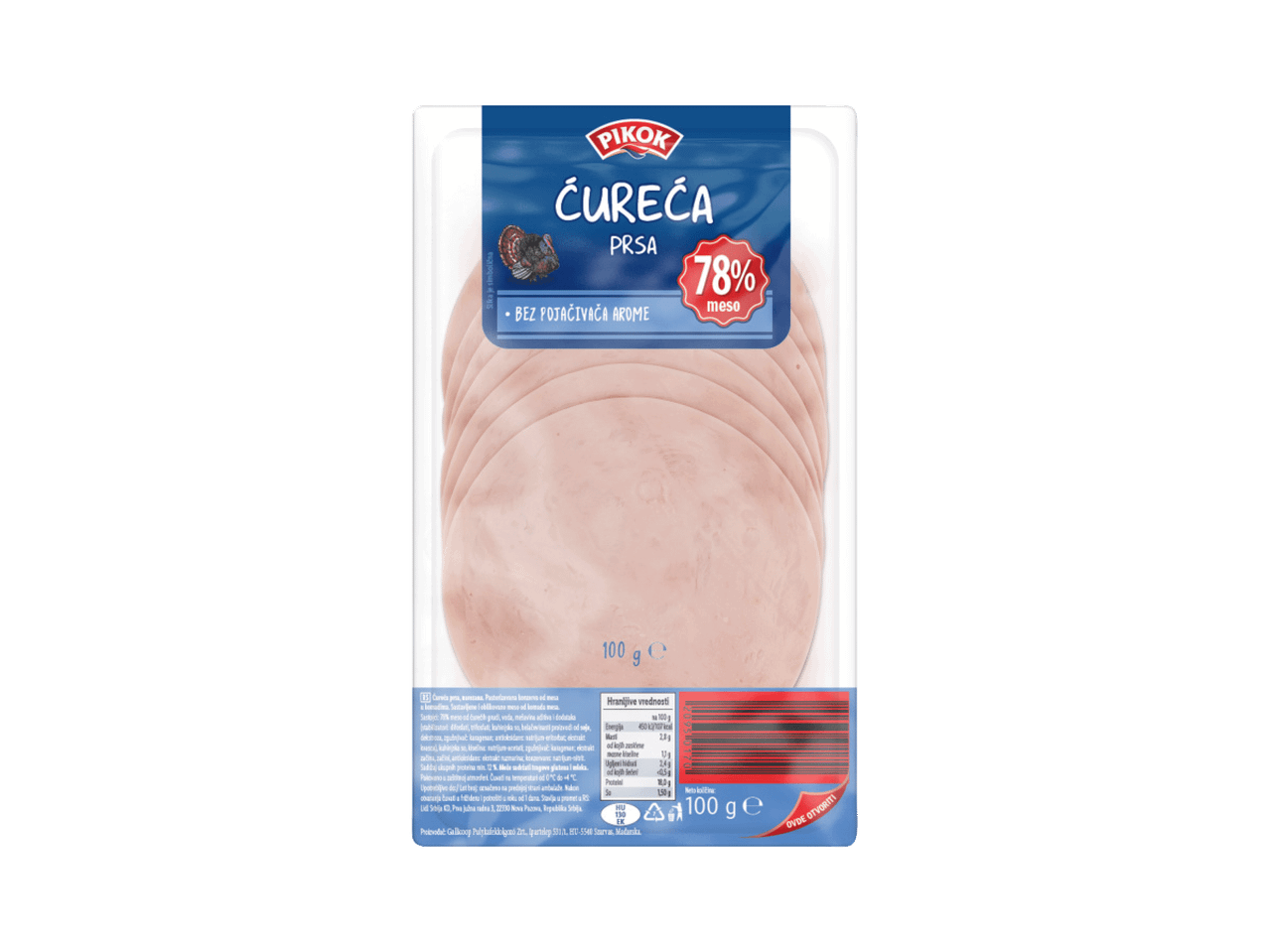 Pakovanje ćurećih prsa sa 78% mesa, bez pojačivača arome, 100g.
