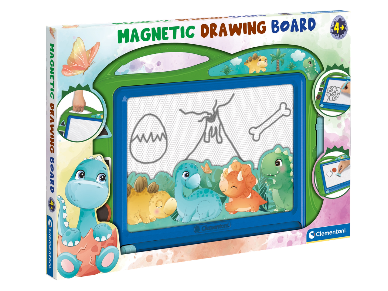 Clementoni Magnetic Drawing Board with dinosaur theme and accessories for ages 4+