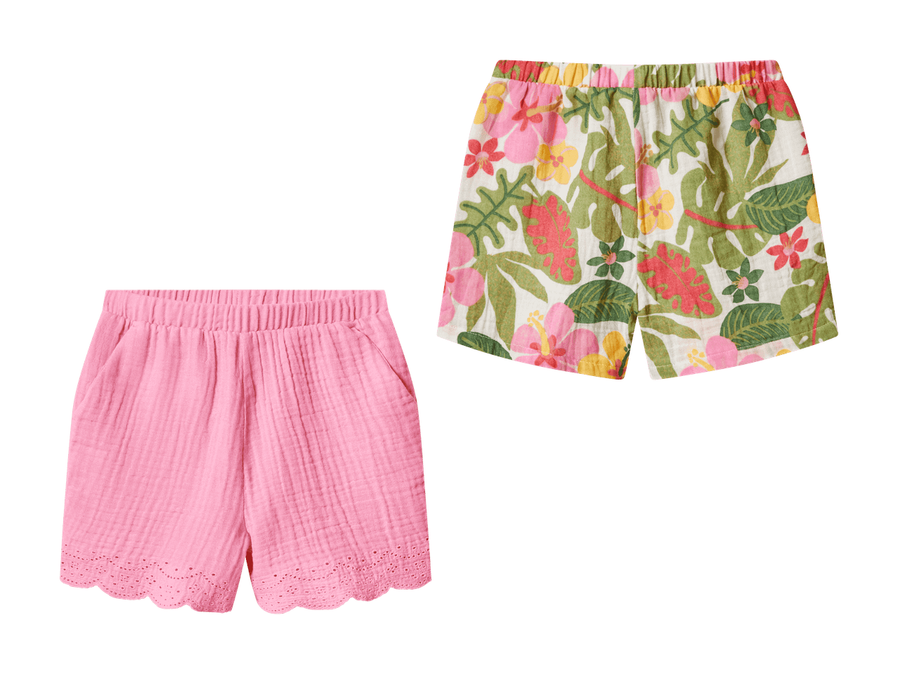 Zwei Kinder-Shorts: eine rosa mit Muschelsaum und eine mit tropischem Blumenmuster.