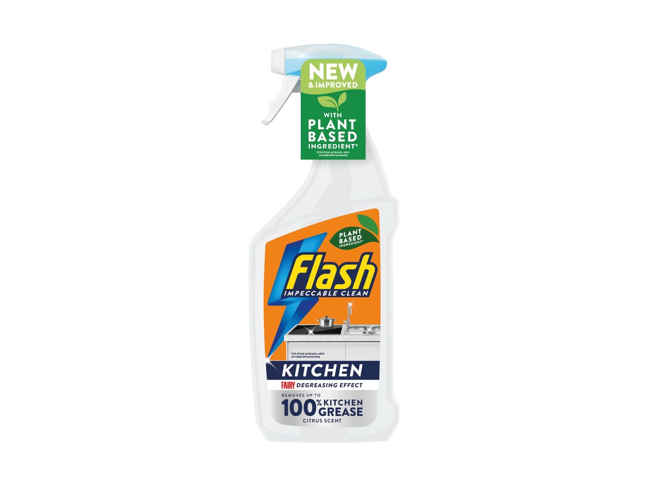 Flash Kitchen cleaner spray with plant-based ingredients, Fairy degreasing effect, and citrus scent.