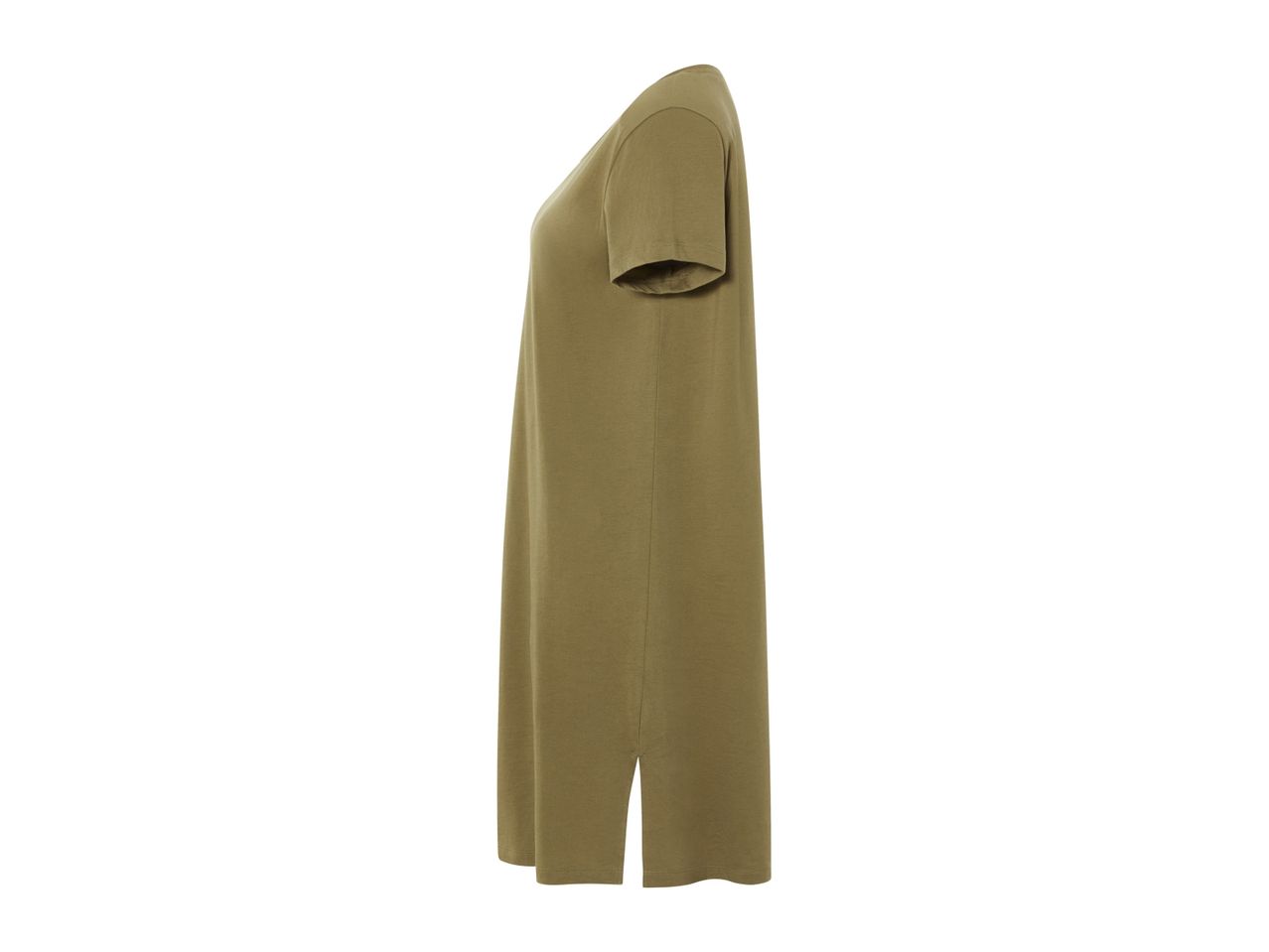 Side view of a beige midi dress with short sleeves and side slits.