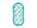A teal-bordered white pet wash mitt with paw prints.