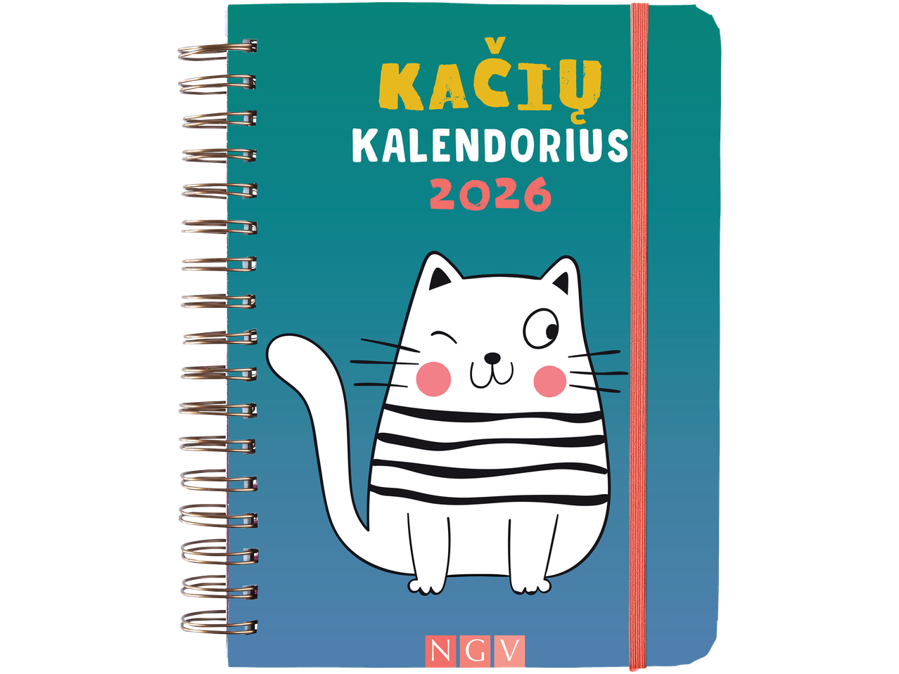 2026 m. kalendorius su animaciniu katinu ir užrašu „Kačių kalendorius 2026“.