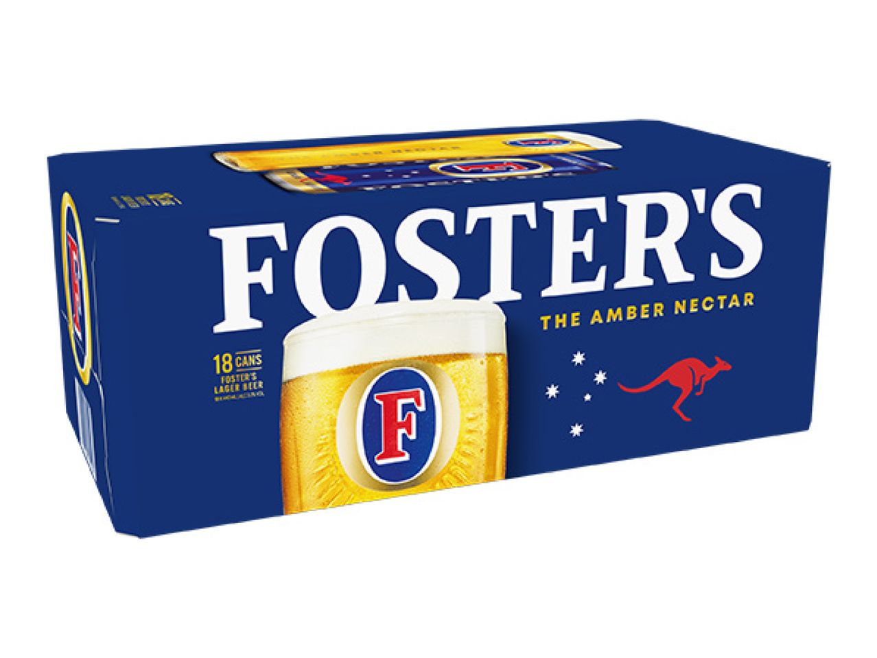 Blue beer carton with a glass of lager, 18 cans, and a red kangaroo logo.