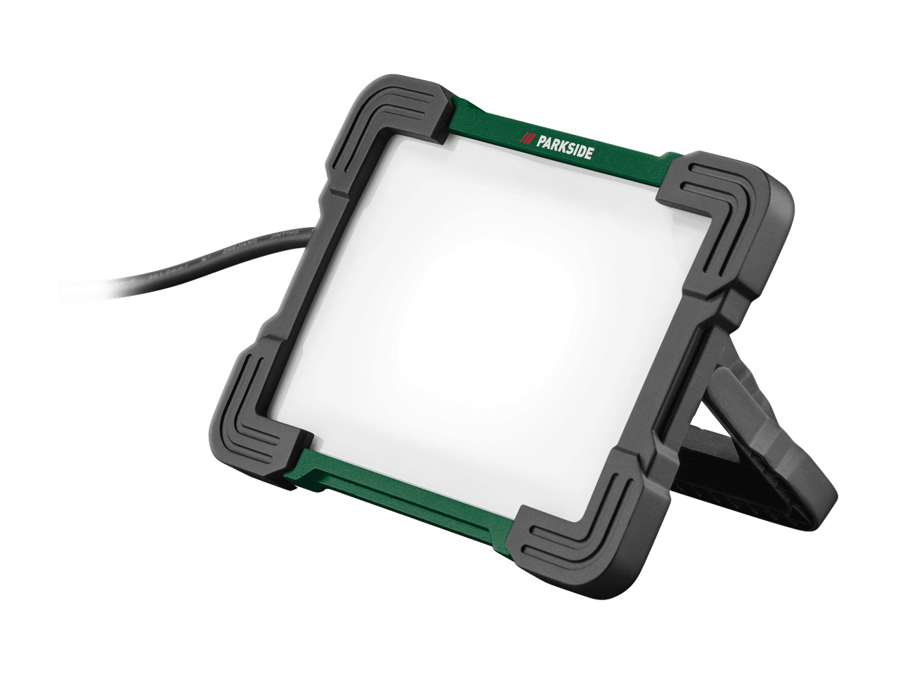 Projecteur de travail LED avec cadre vert et support noir, câble d'alimentation visible.