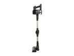 Black and silver cordless stick vacuum cleaner with a transparent dustbin.