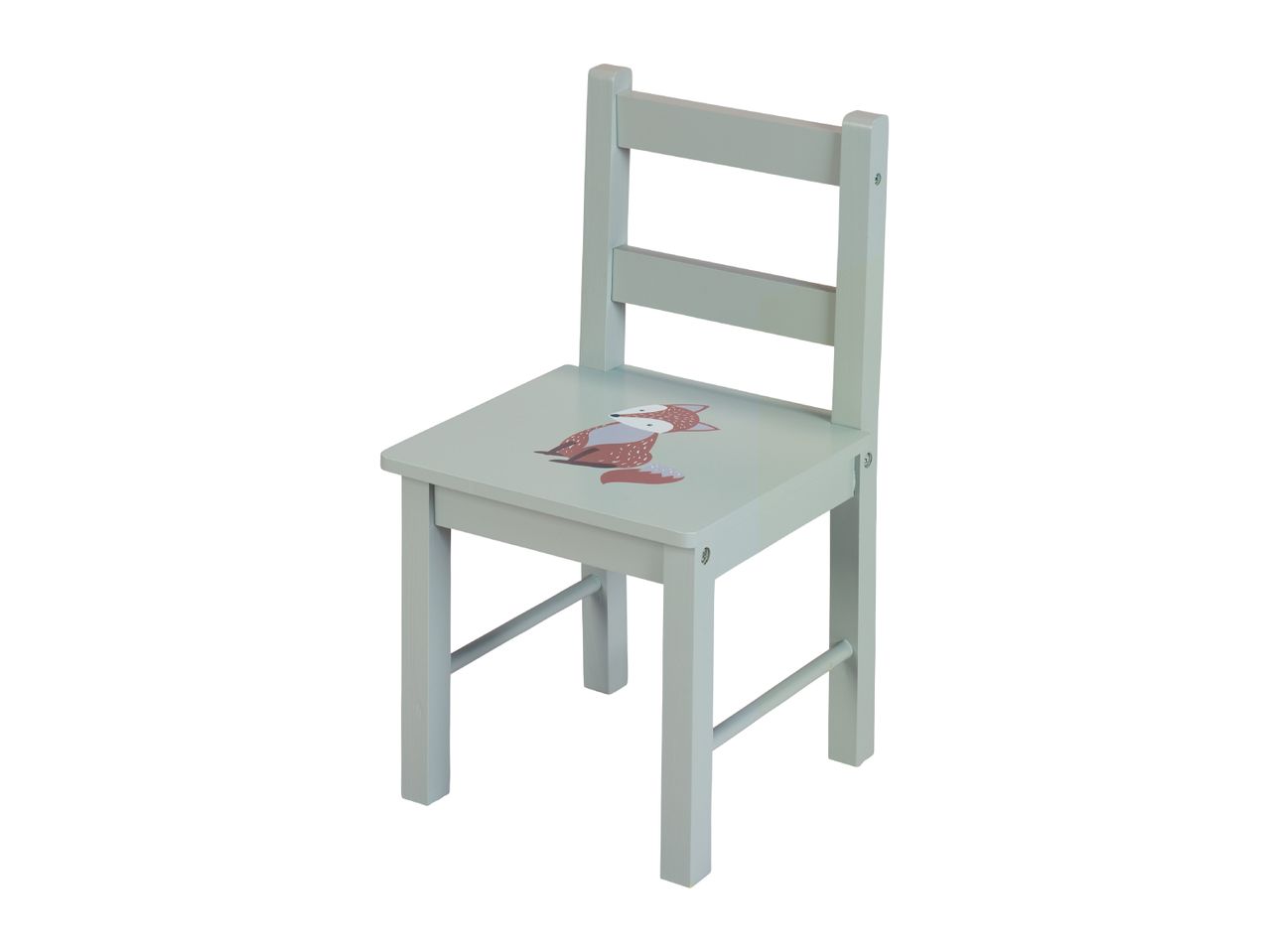 Light blue wooden children's chair with a fox illustration on the seat.