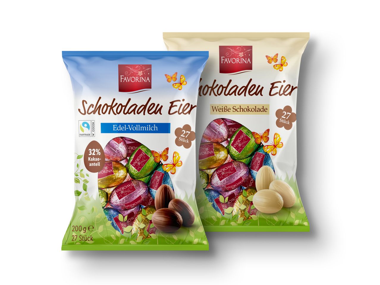Favorina Schokoladeneier: Milch- und weiße Schokolade.