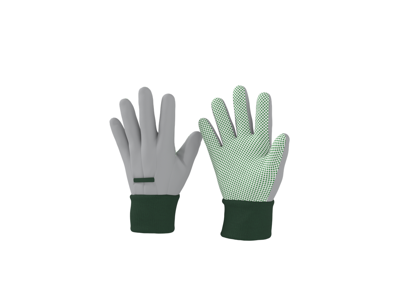 Pelēki un zaļi dārza cimdi ar pretslīdes punktiem uz plaukstas.