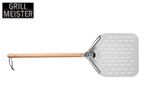 Pizza peel with a wooden handle and a perforated metal head.