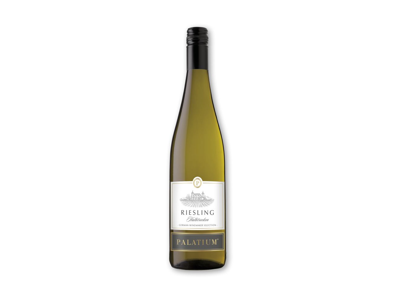 En flaske hvidvin med en hvid etiket, der viser et slot og vinmarker, og teksten 'RIESLING Halbtrocken'.