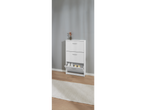 A white three-drawer shoe cabinet with a pull-out bottom drawer sits on a light wood floor against a gray wall.