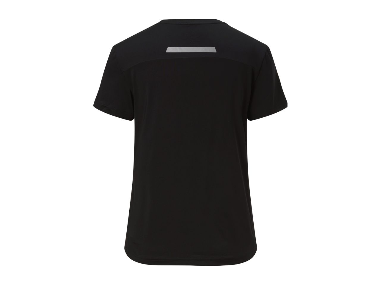 Black short-sleeved athletic t-shirt with a reflective stripe on the back.