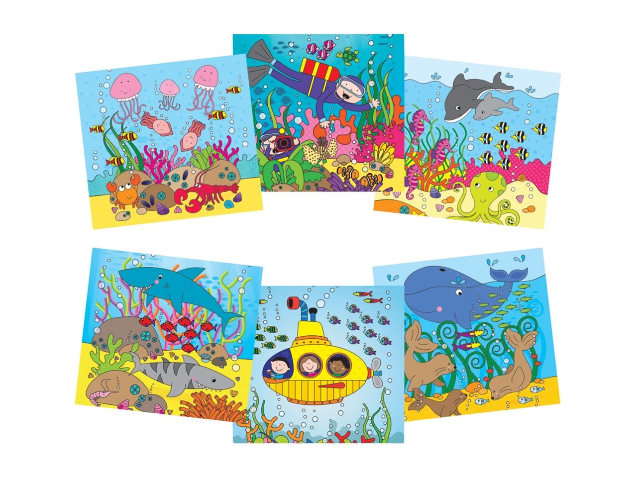 Eight colorful underwater-themed children's activity cards featuring submarines, whales, and other sea creatures.