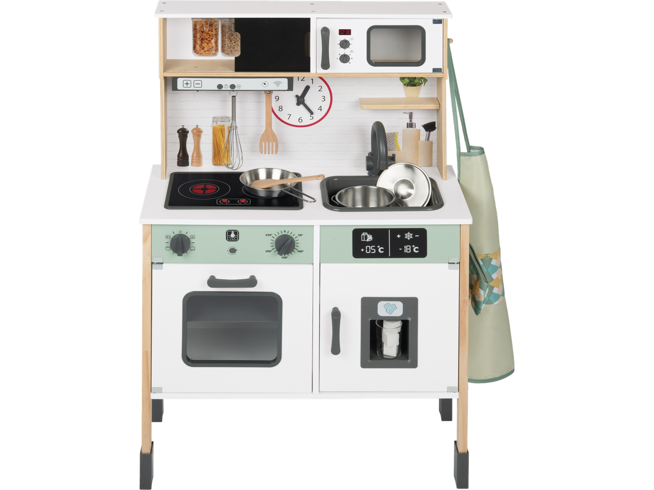 A white and light green wooden play kitchen with a stove, oven, sink, microwave, and refrigerator.