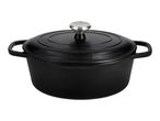 Black cast iron Dutch oven with lid and silver knob, isolated on a white background.