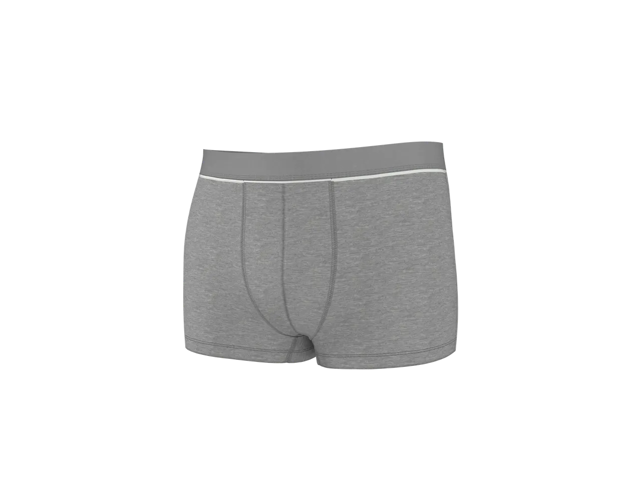 Grijze boxershort met witte tailleband op zwarte achtergrond.