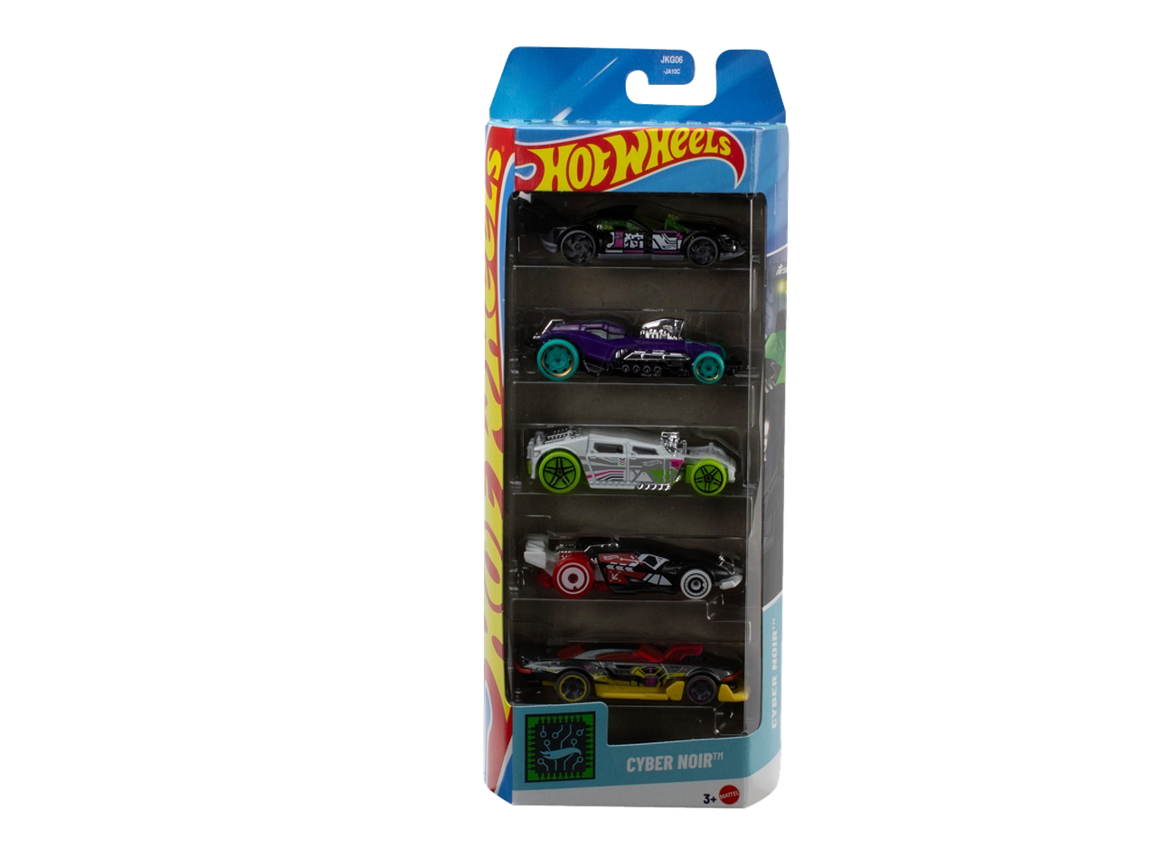 A 5-pack of toy cars in a clear plastic package with a 'Cyber Noir' theme.
