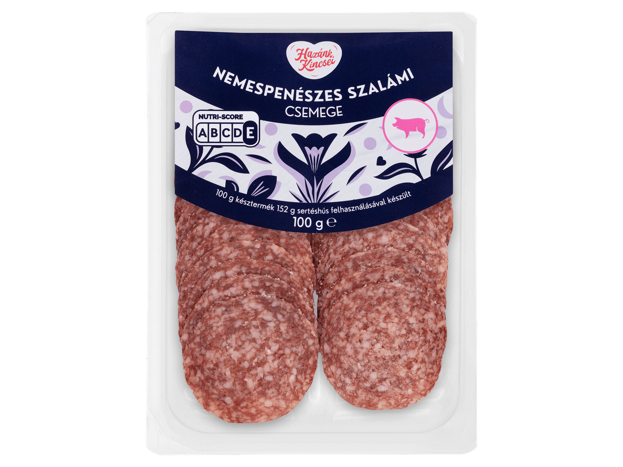 Szeletelt nemespenészes csemege szalámi védőgázas csomagolásban.