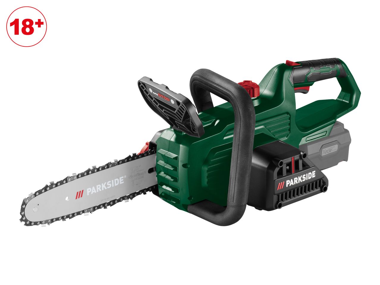 Cordless chainsaw with a green body and black handles, featuring an 18+ age rating.