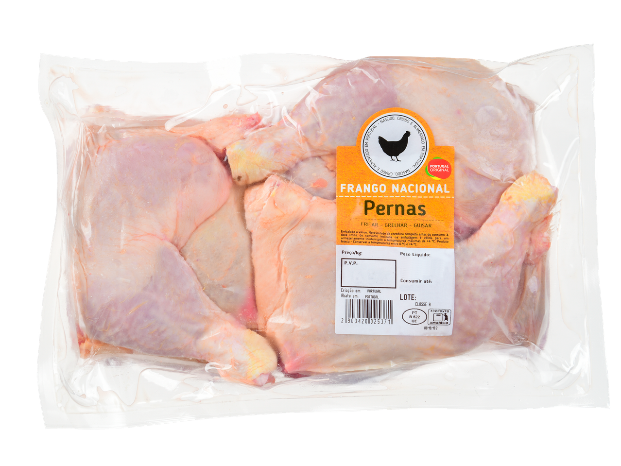 Perna de frango com costa embalada a vácuo, pronta para fritar, grelhar ou guisar.
