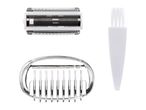 Shaver foil and cutter, comb attachment, and cleaning brush for an electric shaver.