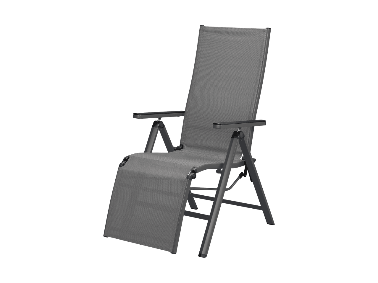 Grauer Liegestuhl mit ausziehbarer Fußstütze auf schwarzem Hintergrund.