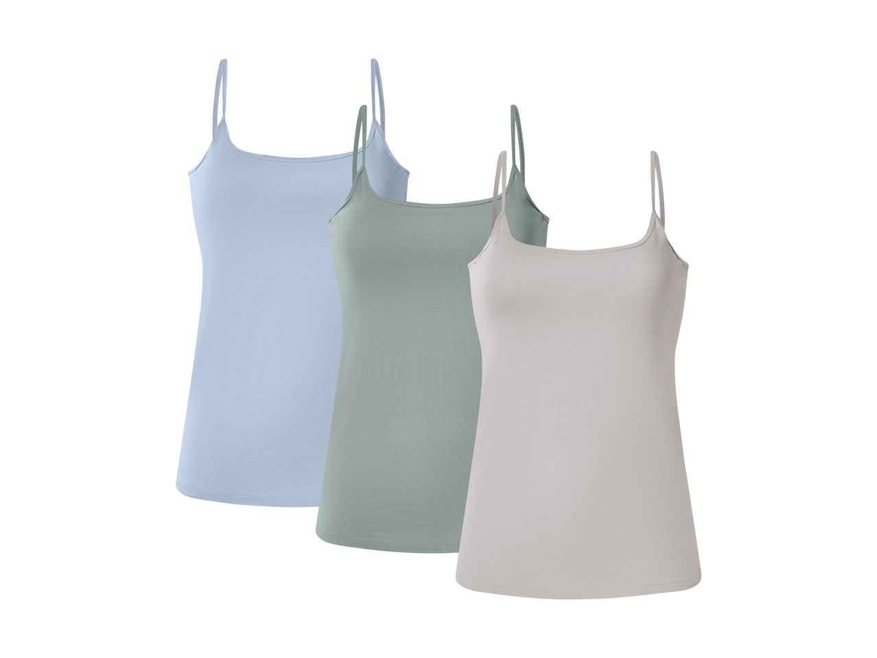 Three women's camisole tops in light blue, sage green, and light grey.