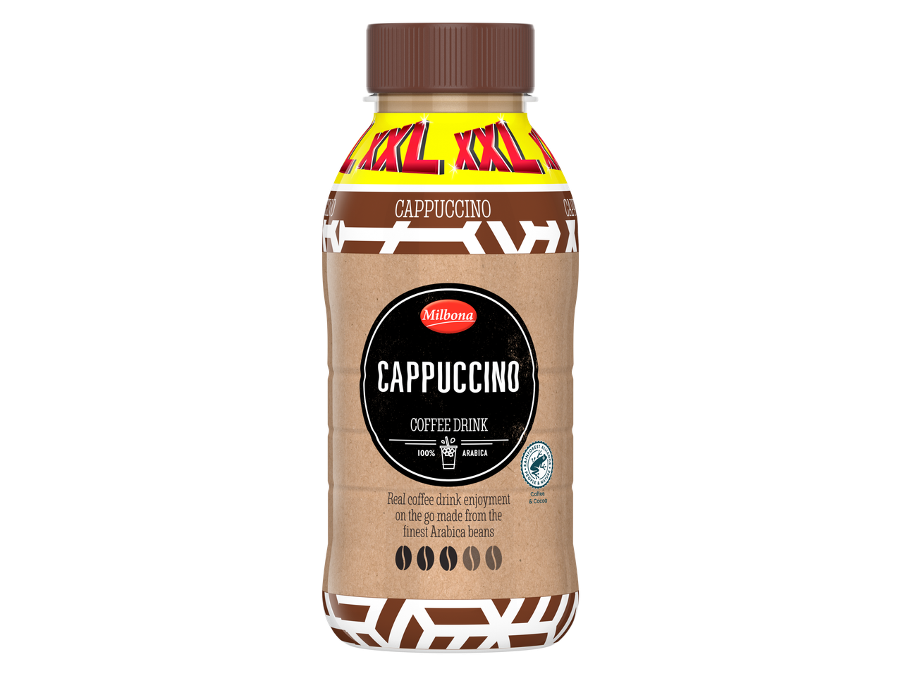 Milbona XXL Cappuccino, gekoelde koffiedrank in een plastic fles.